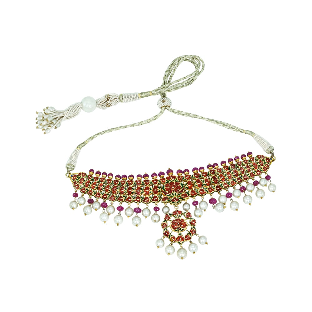 Polki Choker Set with Ruby Cabochons, Pearl Drops, and Pendant